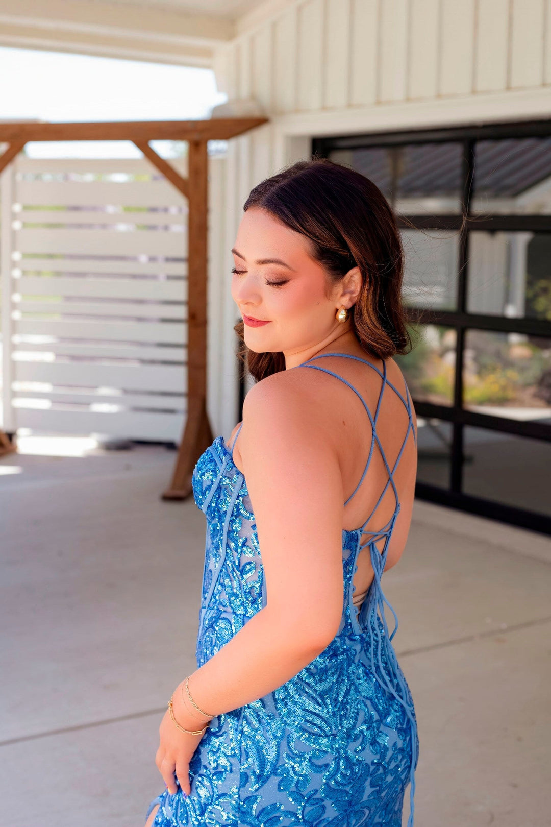 Sequin Print Fitted Bustier Slit Gown by Ladivine CM334 Sequin Print Fitted Bustier Slit Gown by Ladivine CM334
