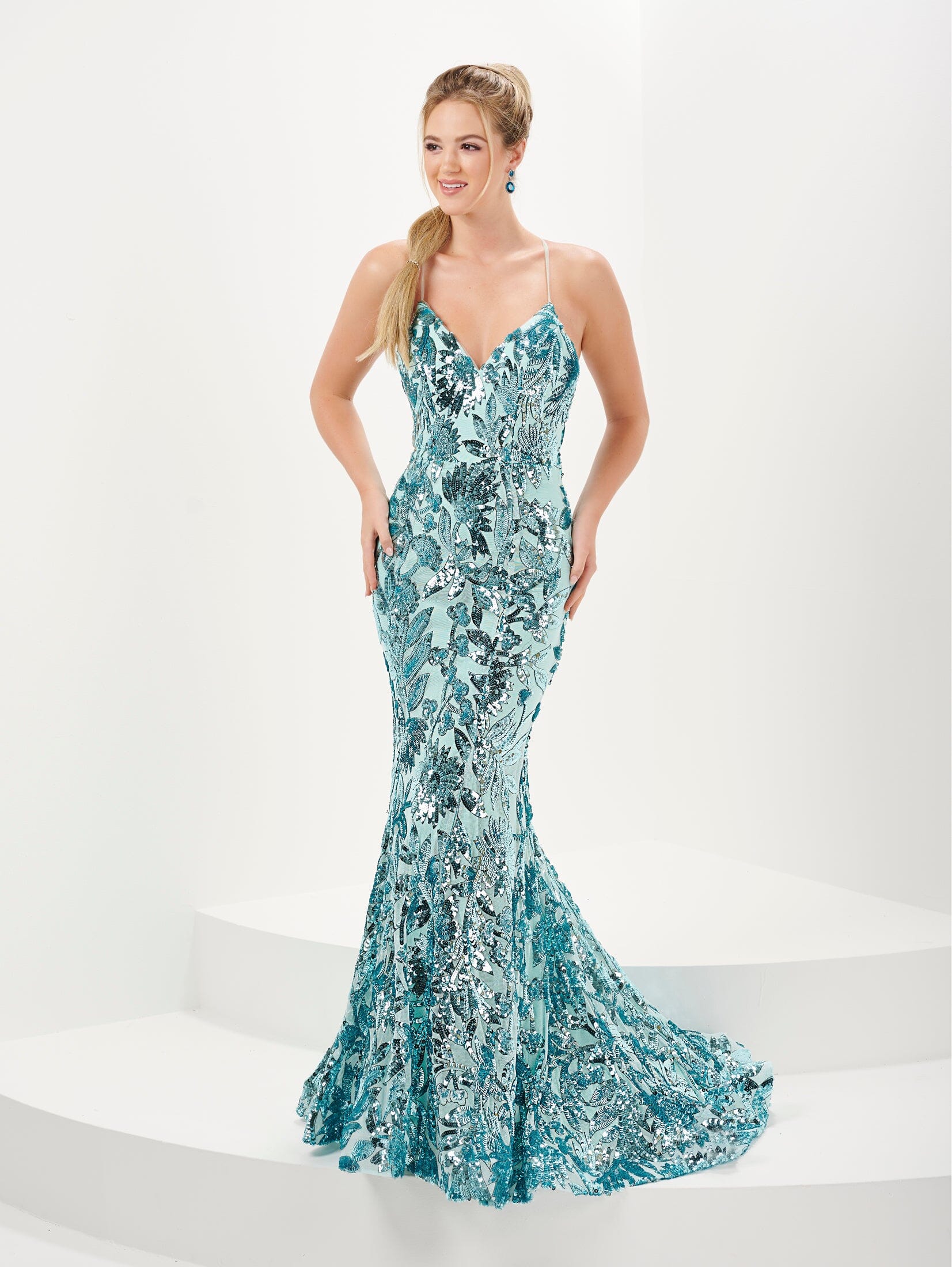Sequin Print V Neck Mermaid Dress by Tiffany Designs 16077