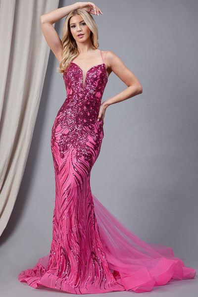 Sequin Print V-Neck Mermaid Gown by Amelia Couture 7021