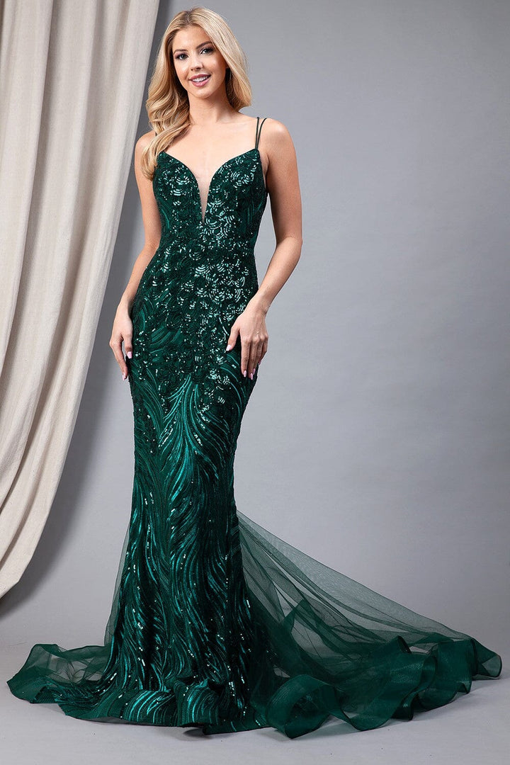 Sequin Print V-Neck Mermaid Gown by Amelia Couture 7021