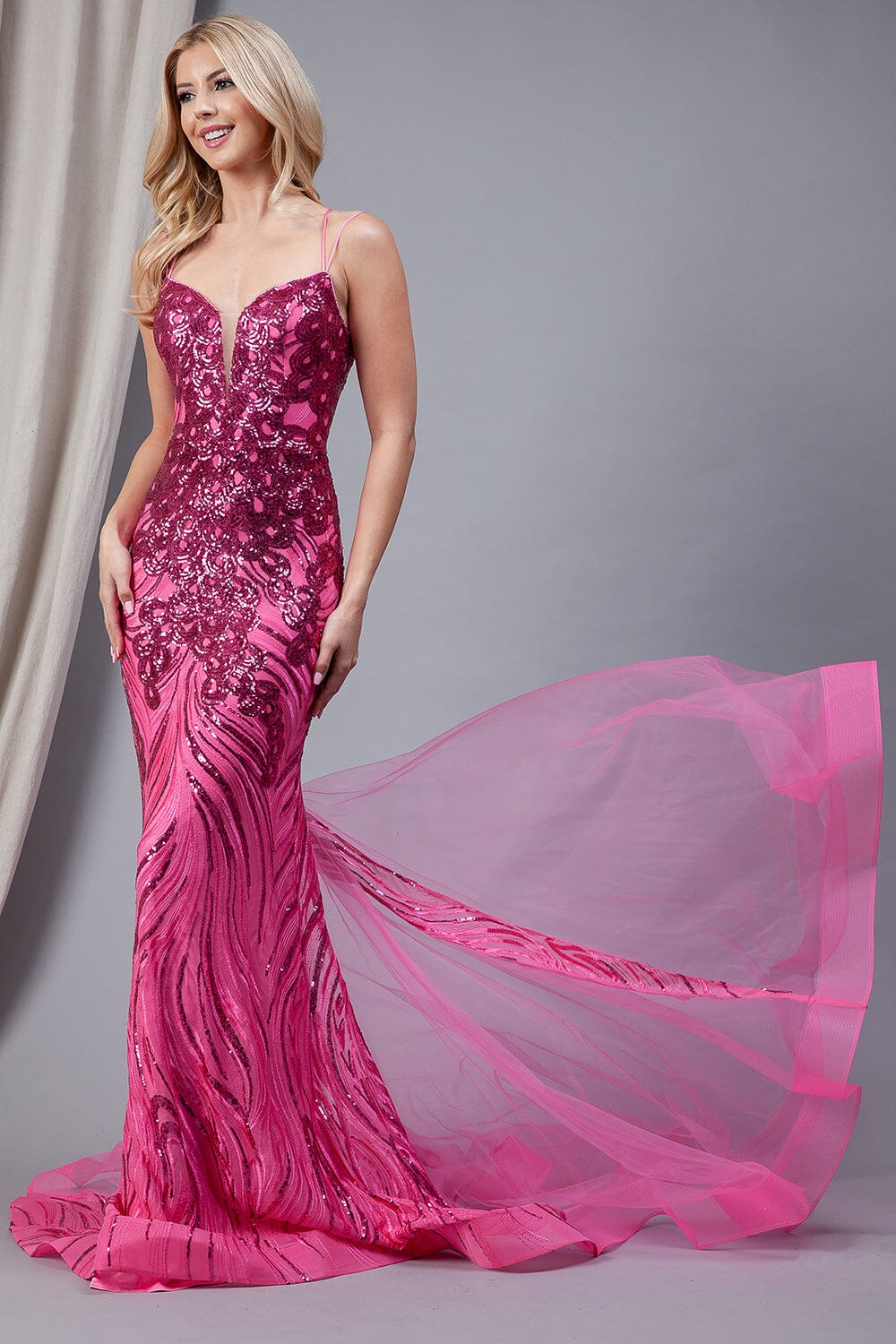 Sequin Print V-Neck Mermaid Gown by Amelia Couture 7021