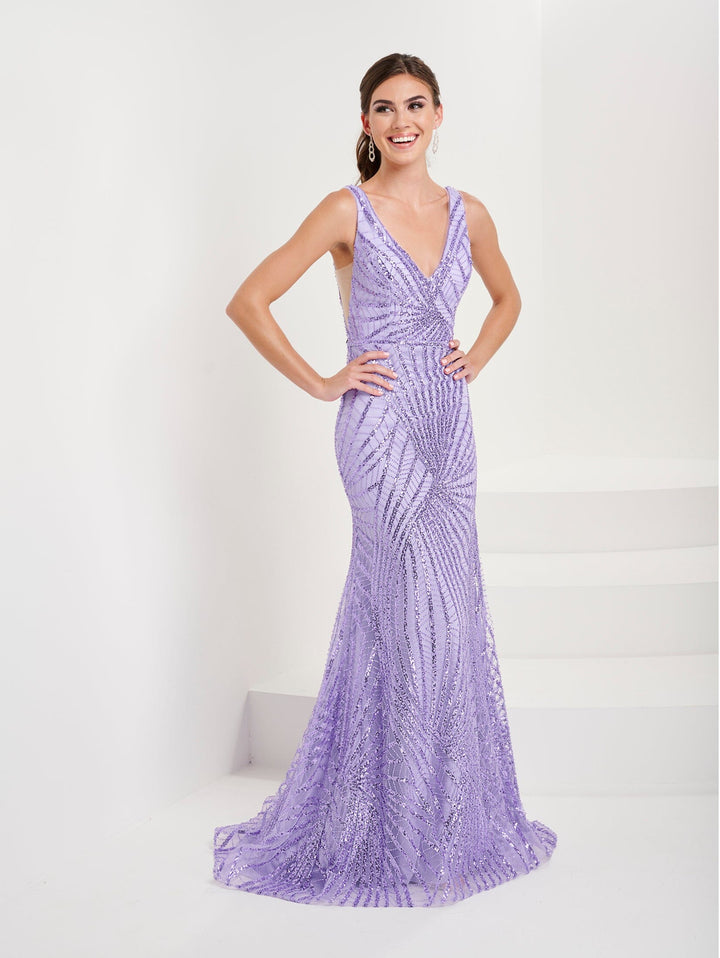Sequin Print V-Neck Trumpet Dress by Tiffany Designs 16073