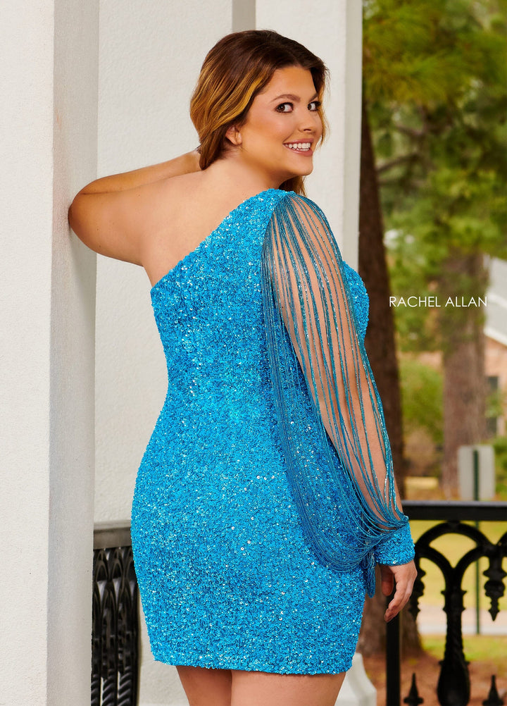 Sequin Short One Shoulder Fringe Dress by Rachel Allan 40201