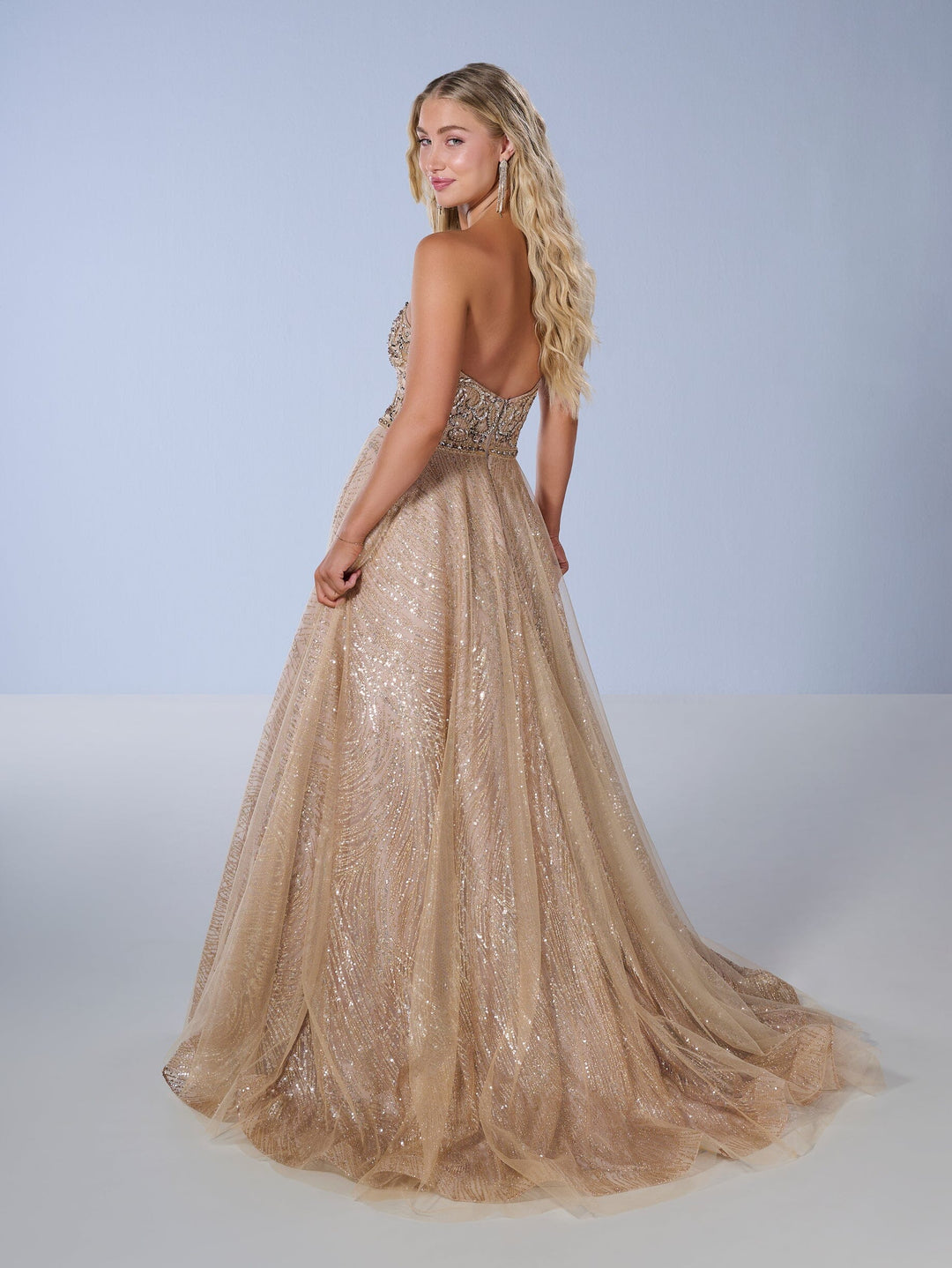 Sequin Strapless A-line Slit Gown by Tiffany Designs 16226