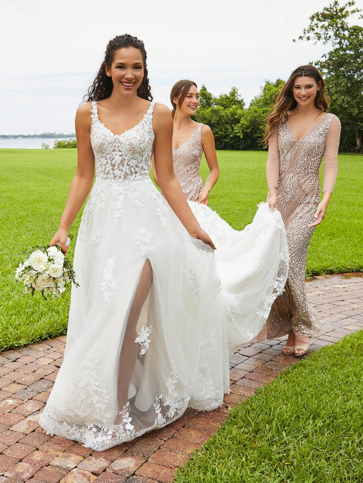 Sheer Applique Slit Bridal Gown by Adrianna Papell 31219