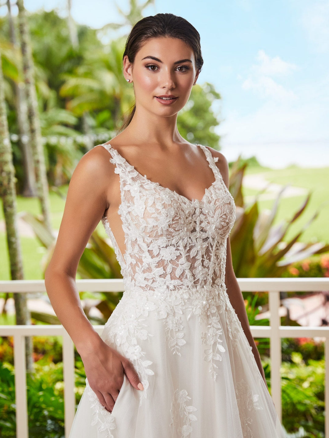 Sheer Applique Slit Bridal Gown by Adrianna Papell 31219