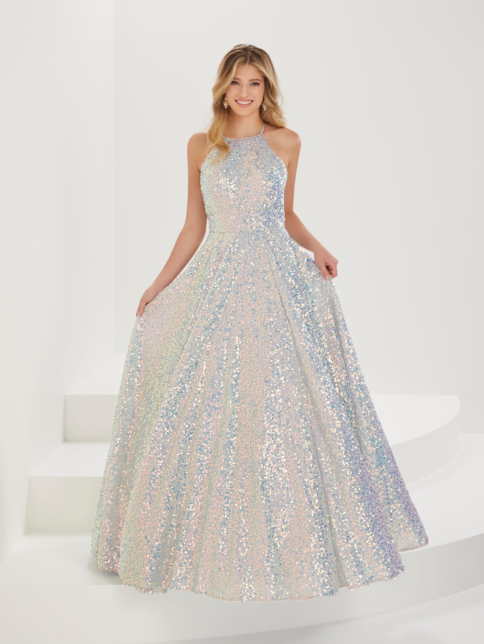 Shimmer Sequin Halter A line Gown by Tiffany Designs 16920