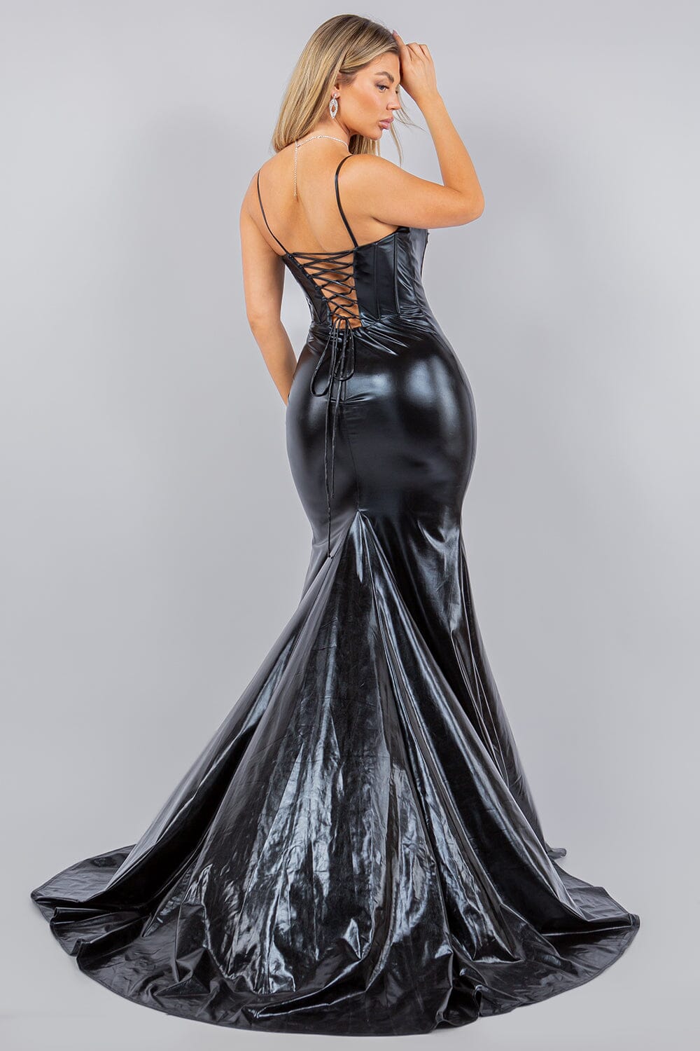 Shiny Satin V-Neck Mermaid Dress by Cinderella Couture 8092J