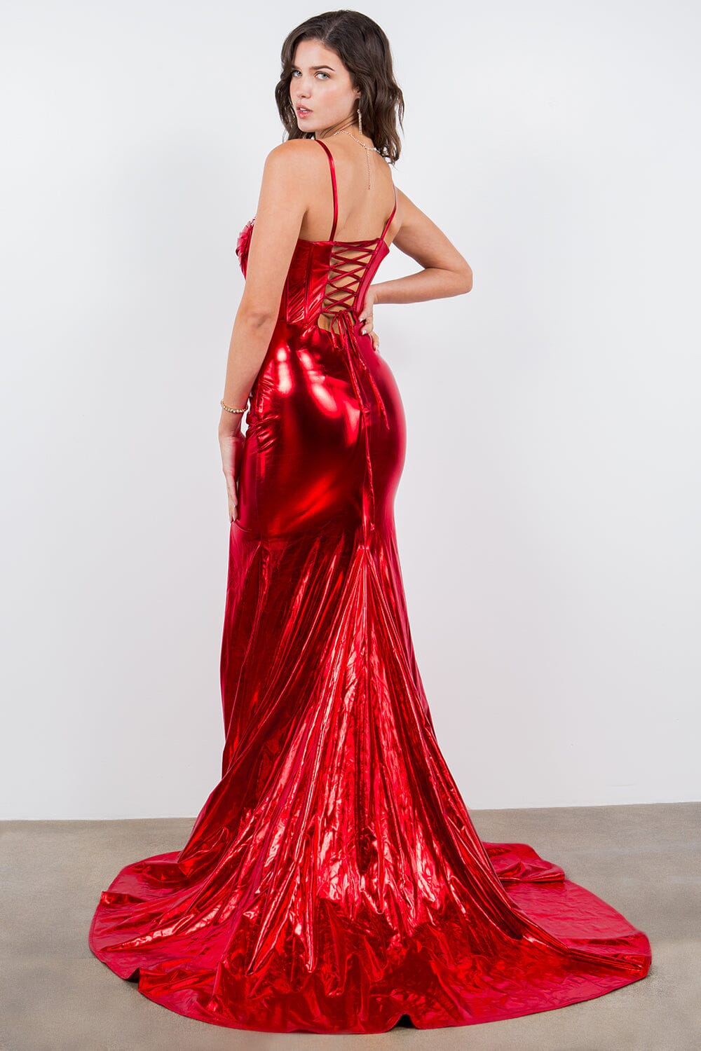 Shiny Satin V-Neck Mermaid Dress by Cinderella Couture 8092J
