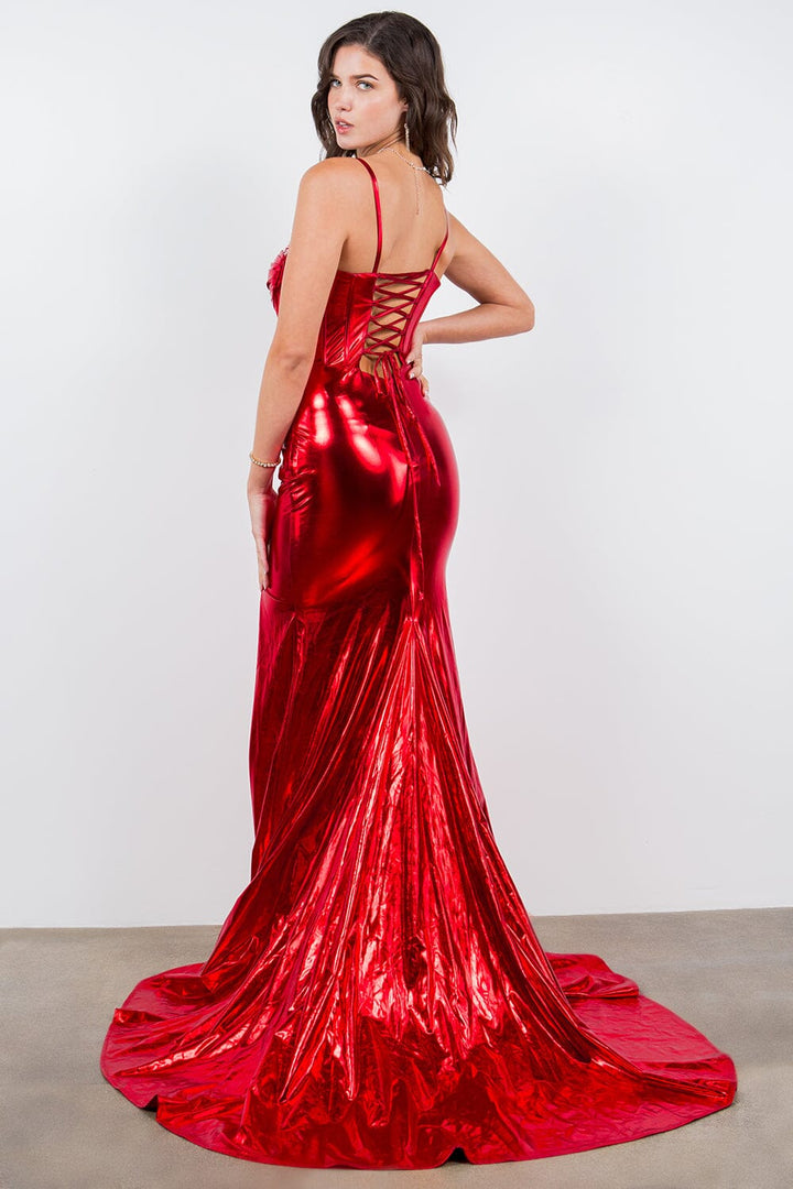 Shiny Satin V-Neck Mermaid Dress by Cinderella Couture 8092J