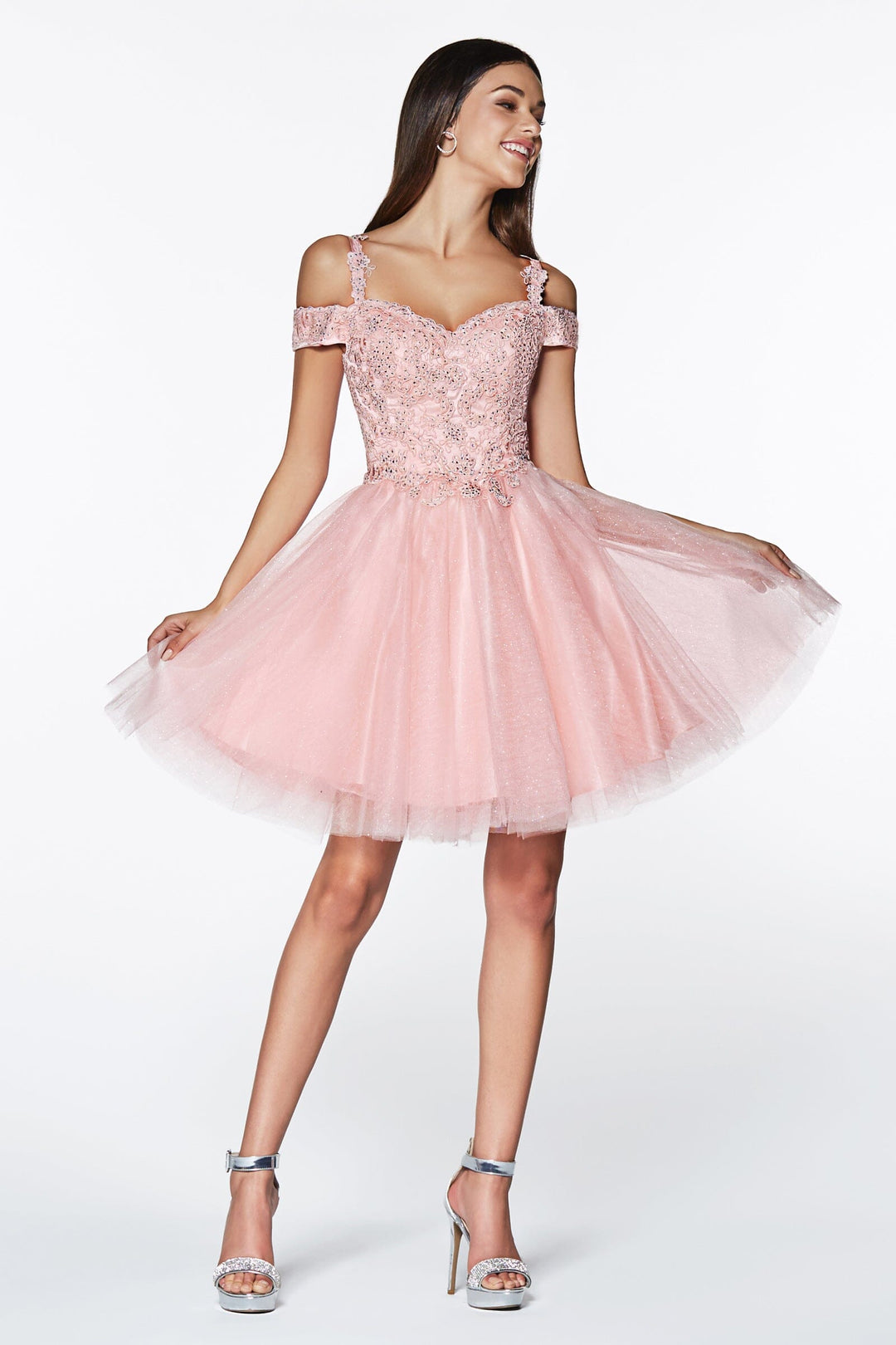 Short Cold Shoulder Glitter Dress by Cinderella Divine CD0132 - Outlet