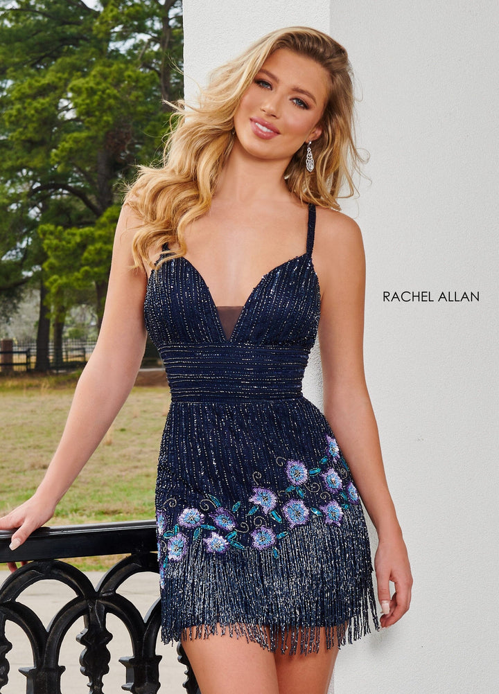 Short Floral Beaded Fringe Dress by Rachel Allan 40239