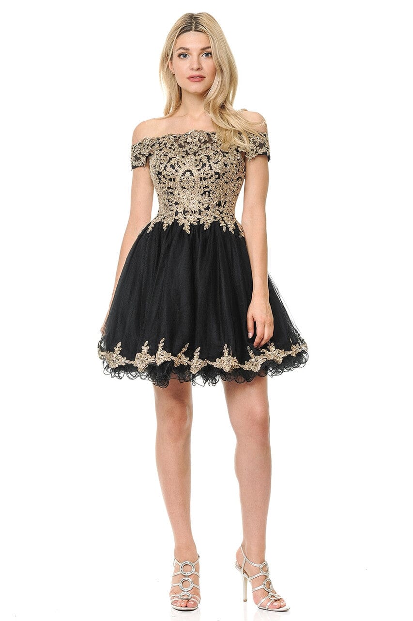 Short Off the Shoulder Dress with Gold Lace Appliques 8124
