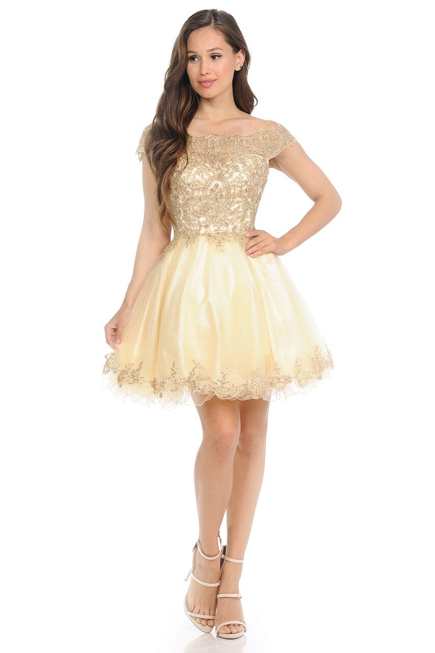 Short Off the Shoulder Dress with Gold Lace Appliques 8124