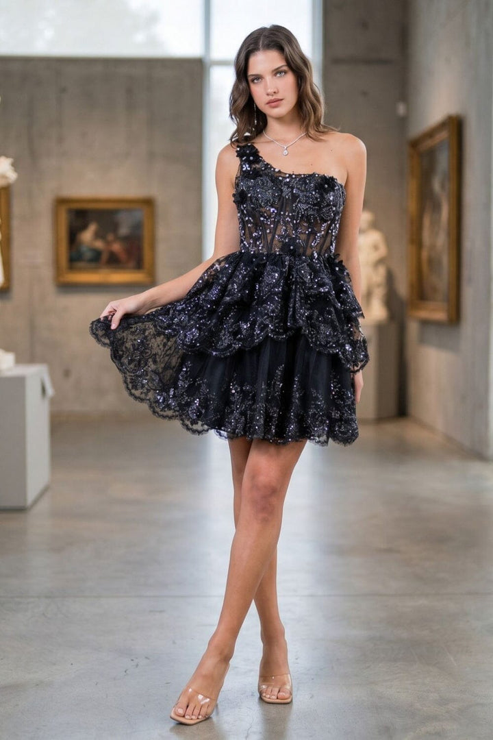 Short One Shoulder Tiered Dress by Cinderella Couture 5132J
