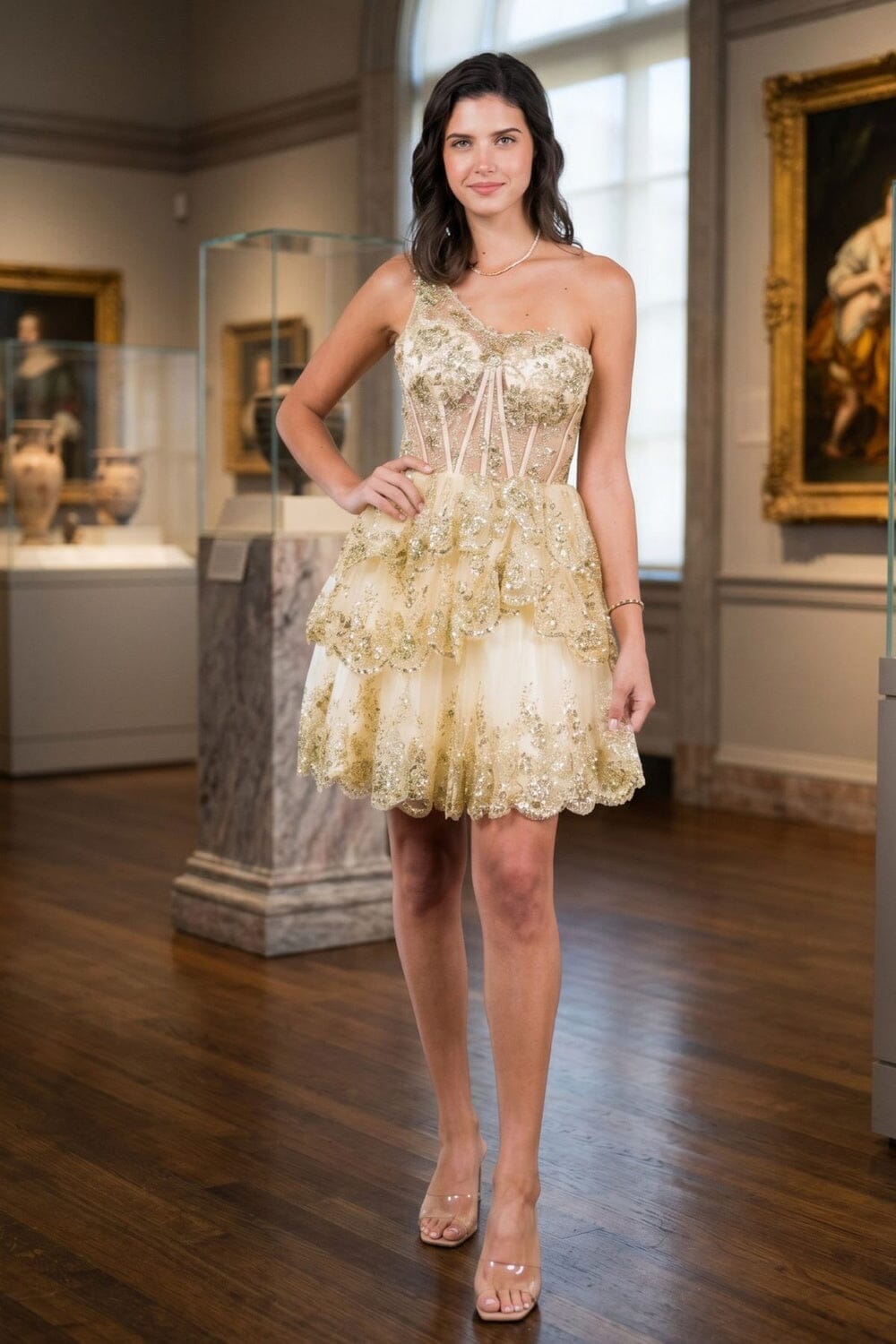 Short One Shoulder Tiered Dress by Cinderella Couture 5132J L / Champagne