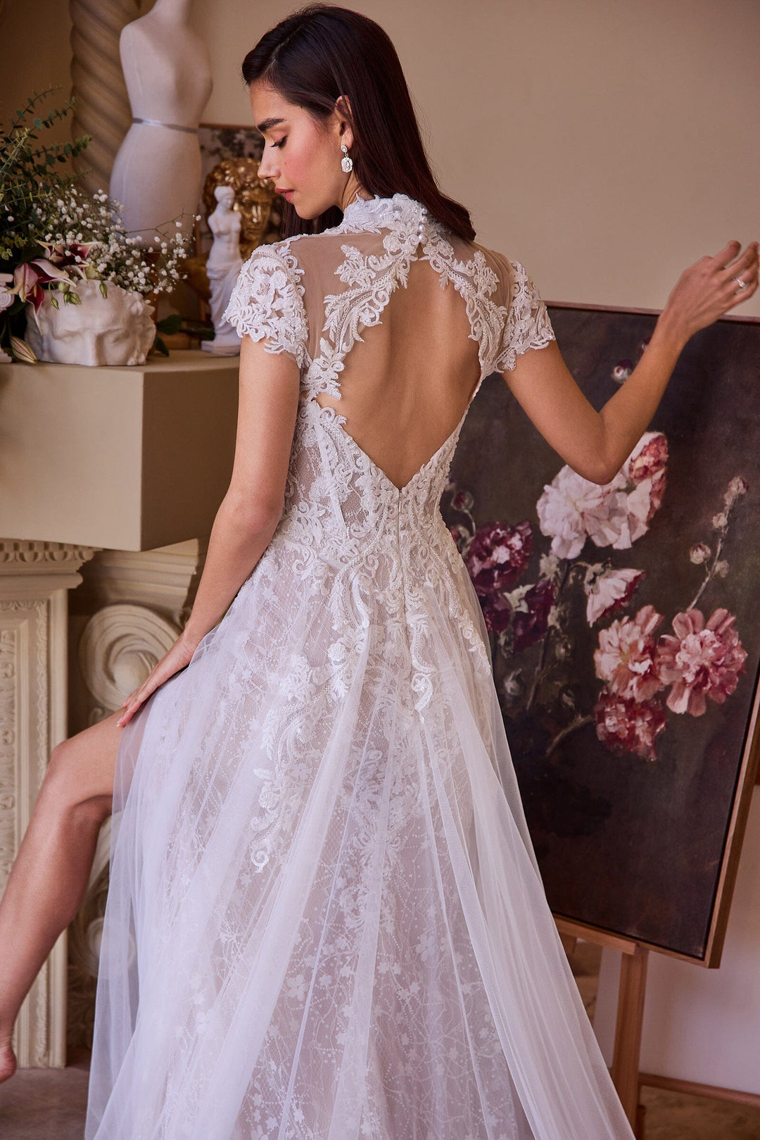 navy blue dress for baby girl Chiffon A-line V-neck Short Sleeves Wedding Dresses With Beading, MW830 main image 1