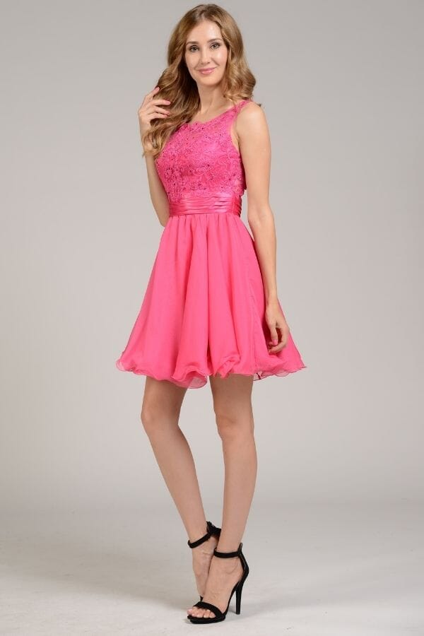 Short Sleeveless Lace Applique Dress by Poly USA 7064