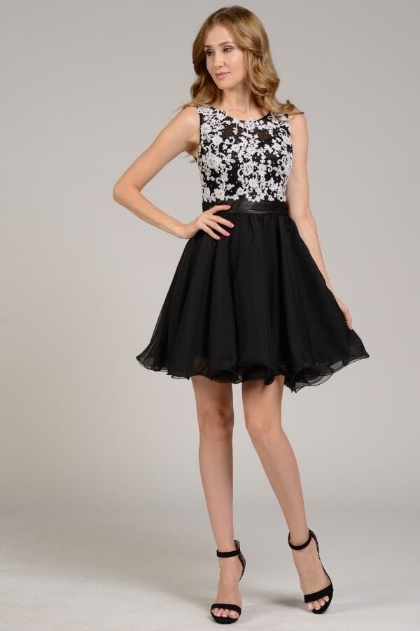 Short Sleeveless Lace Applique Dress by Poly USA 7064