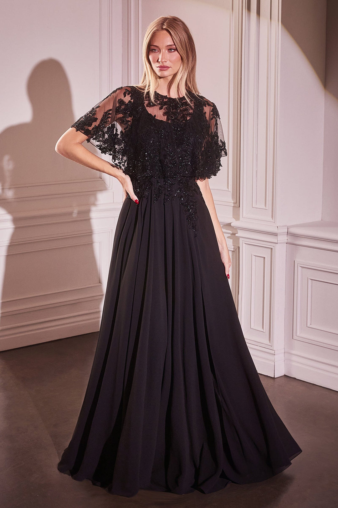 capelet formal dress Long Formal Fitted Lace Capelet Evening Dress by Andrea & Leo MA105