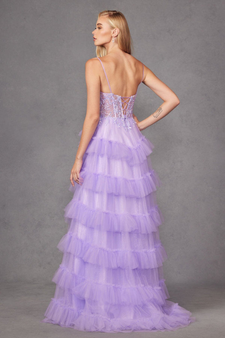 Sleeveless Corset A-line Ruffled Slit Gown by Juliet JT2459A