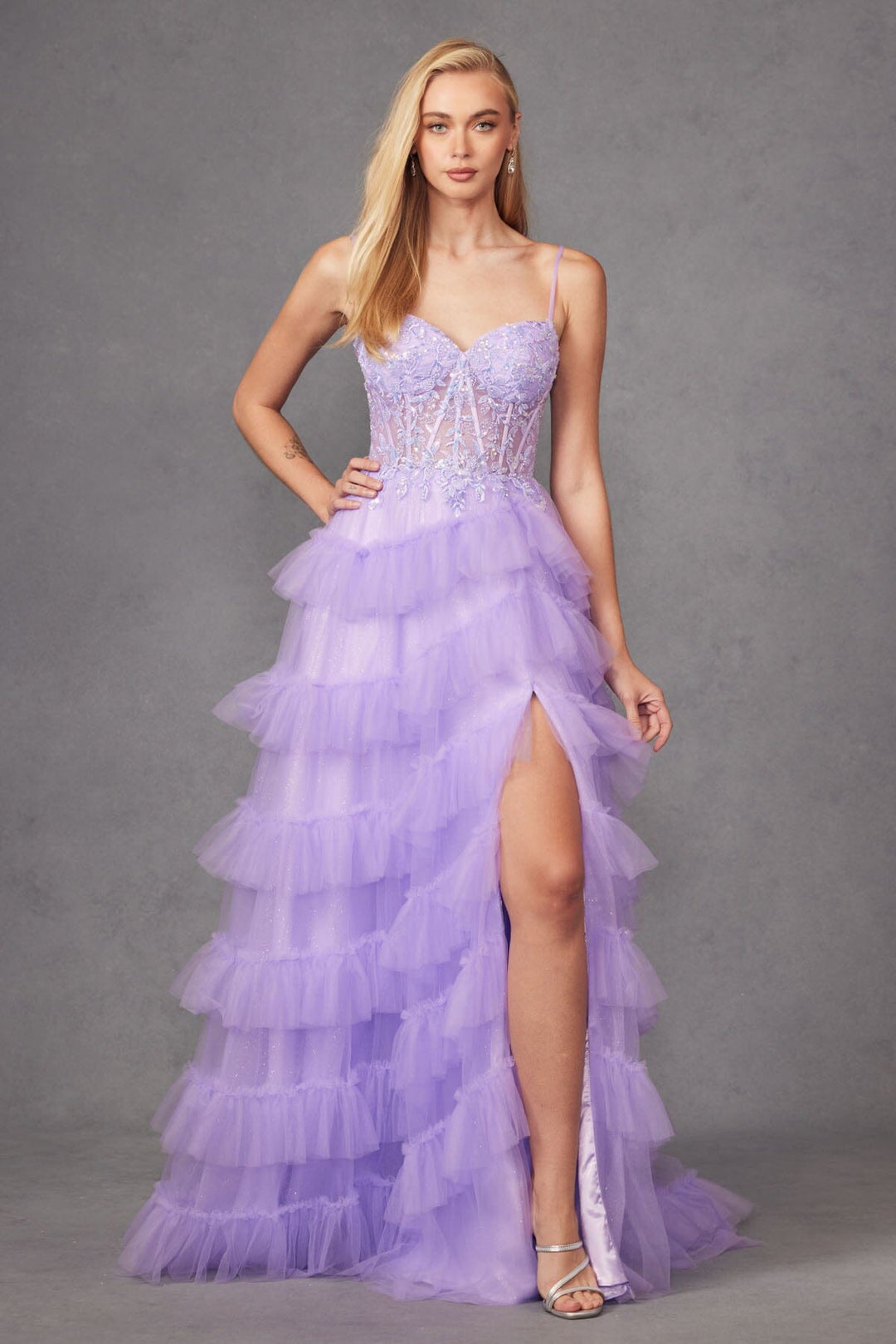 Sleeveless Corset A-line Ruffled Slit Gown by Juliet JT2459A