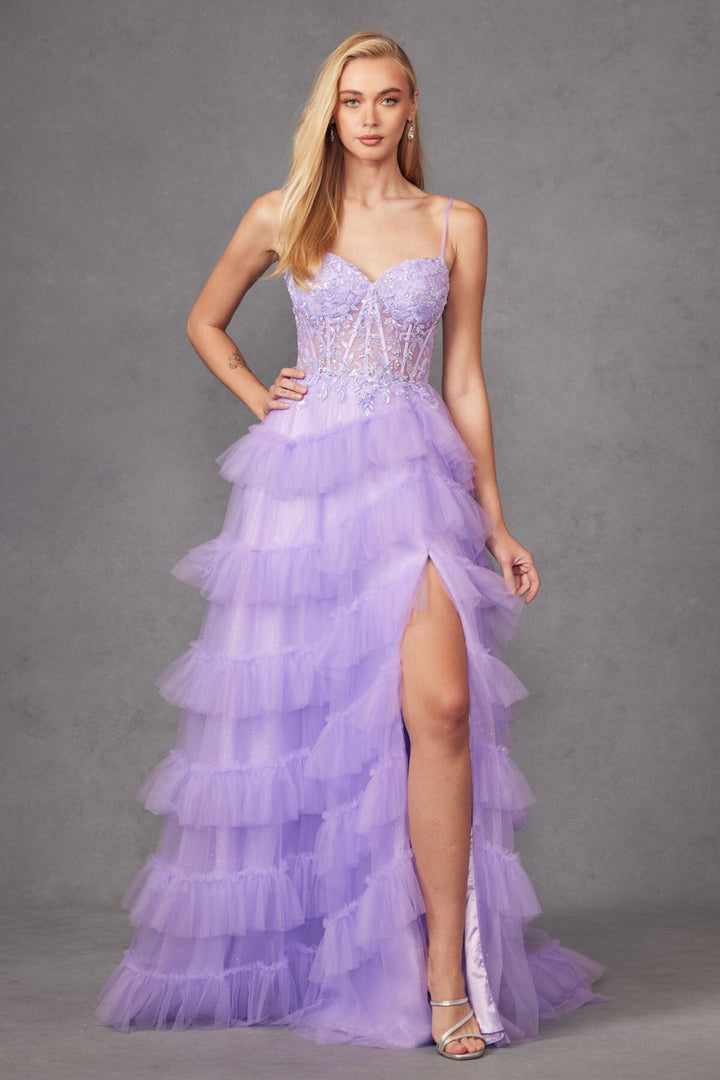 Sleeveless Corset A-line Ruffled Slit Gown by Juliet JT2459A