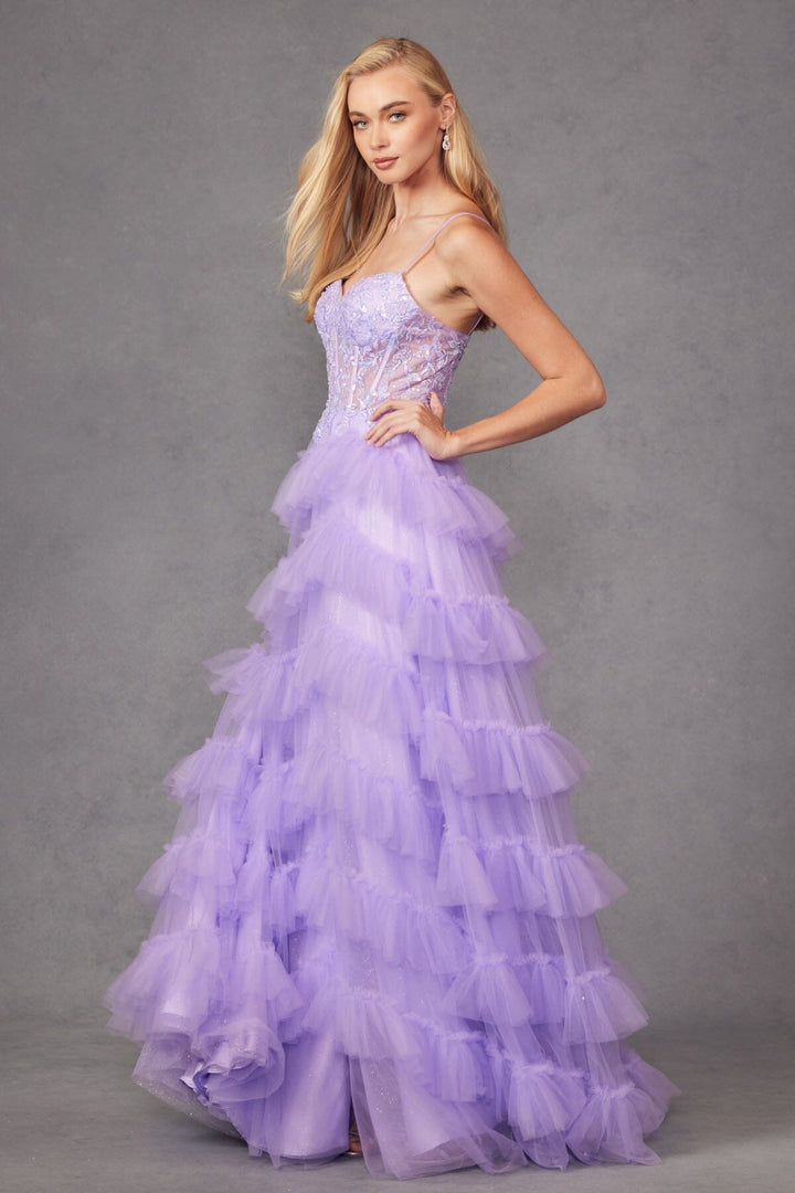 Sleeveless Corset A-line Ruffled Slit Gown by Juliet JT2459A