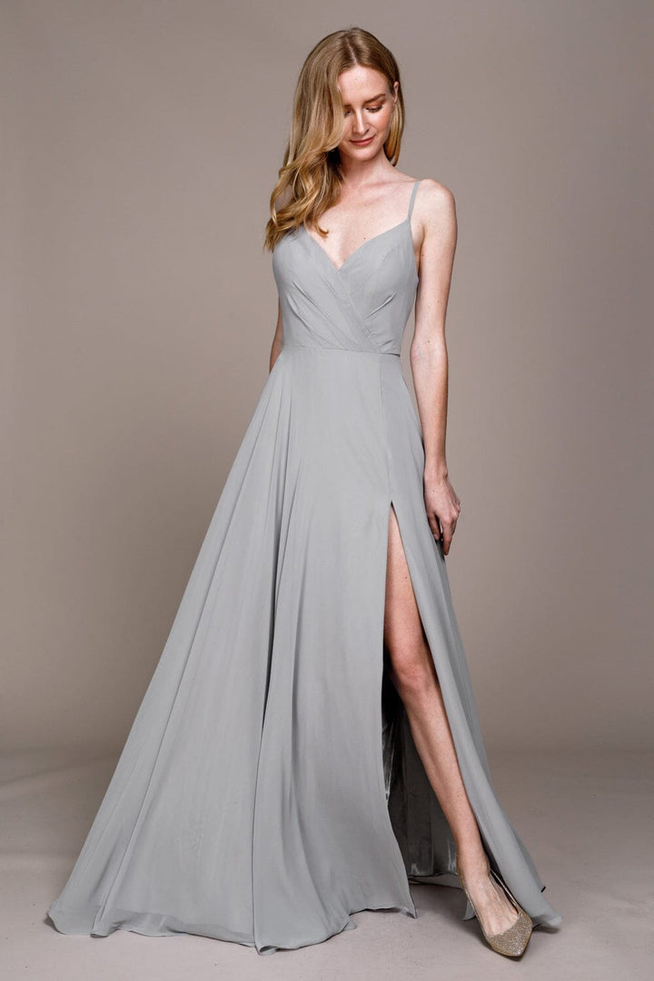 Sleeveless V-Neck Chiffon Slit Gown by Amelia Couture 477