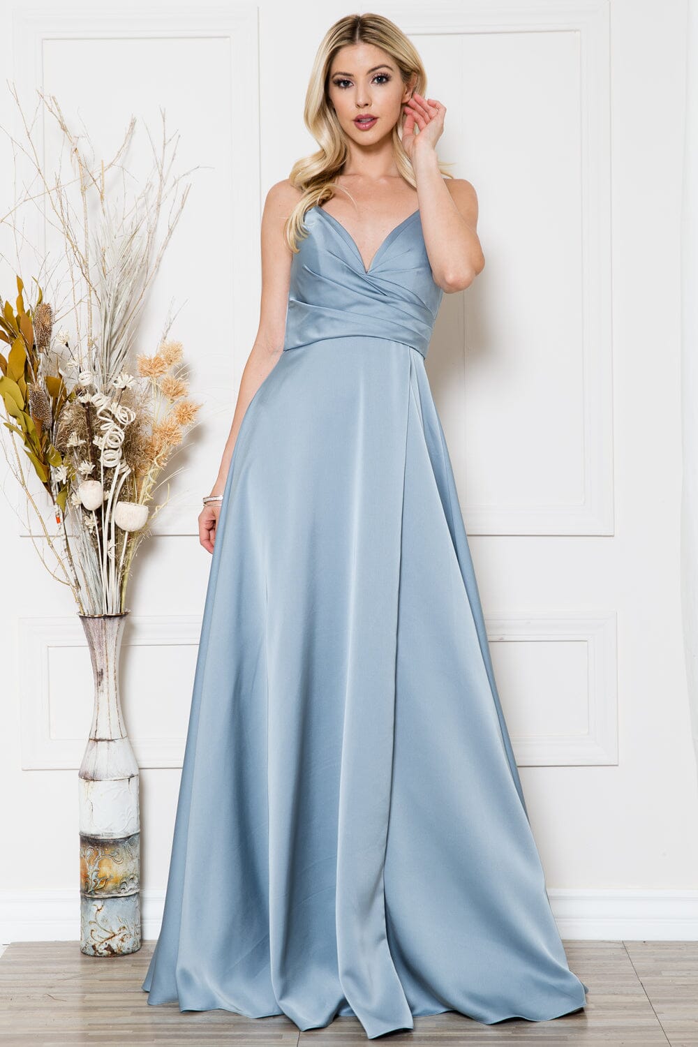 Sleeveless V-Neck Satin Slit Gown by Amelia Couture BZ012