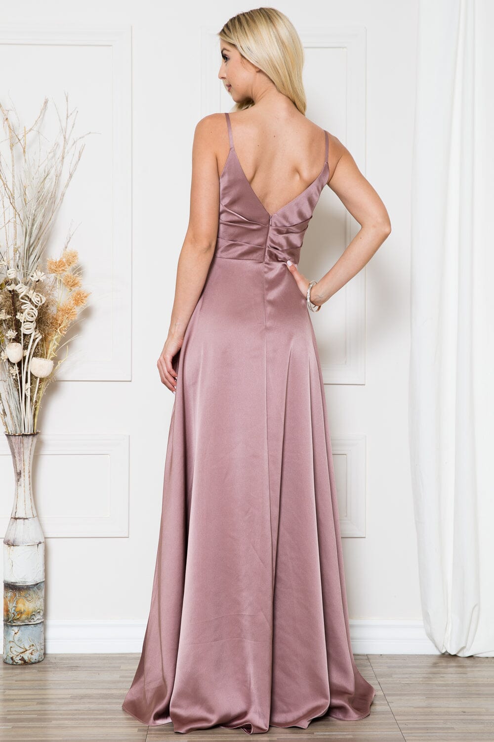 Sleeveless V-Neck Satin Slit Gown by Amelia Couture BZ012