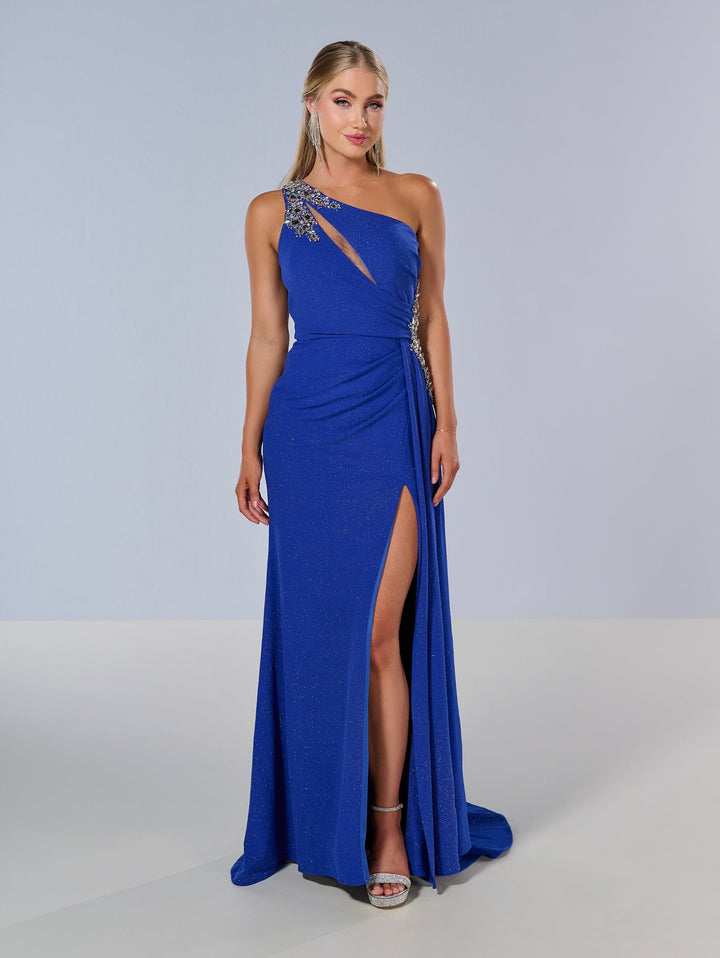 Spandex Fitted One Shoulder Slit Gown by Tiffany Designs 16211