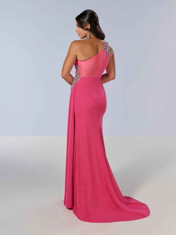 Spandex Fitted One Shoulder Slit Gown by Tiffany Designs 16211