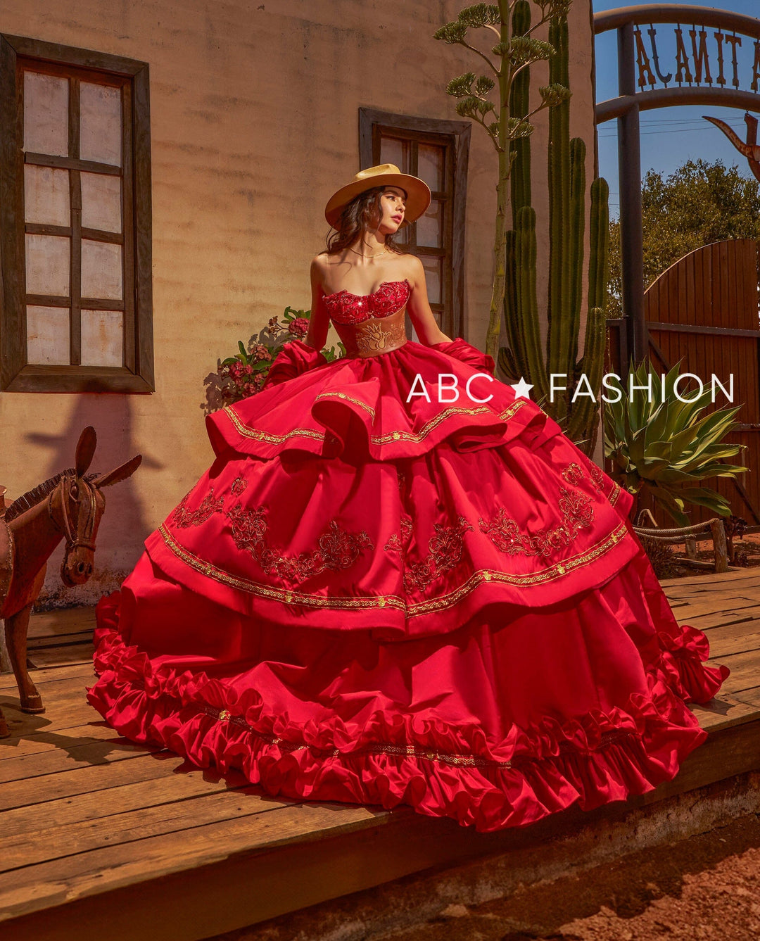 Strapless Charro Quinceanera Dress by Ragazza MV53-153 9 / Red/Gold Strapless Charro Quinceanera Dress by Ragazza MV53-153 9 / Red/Gold