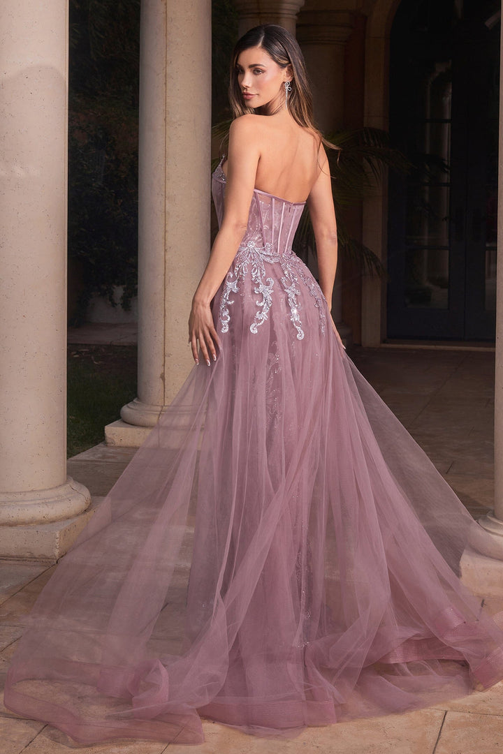 Strapless Glitter Print Overskirt Gown by Ladivine J858