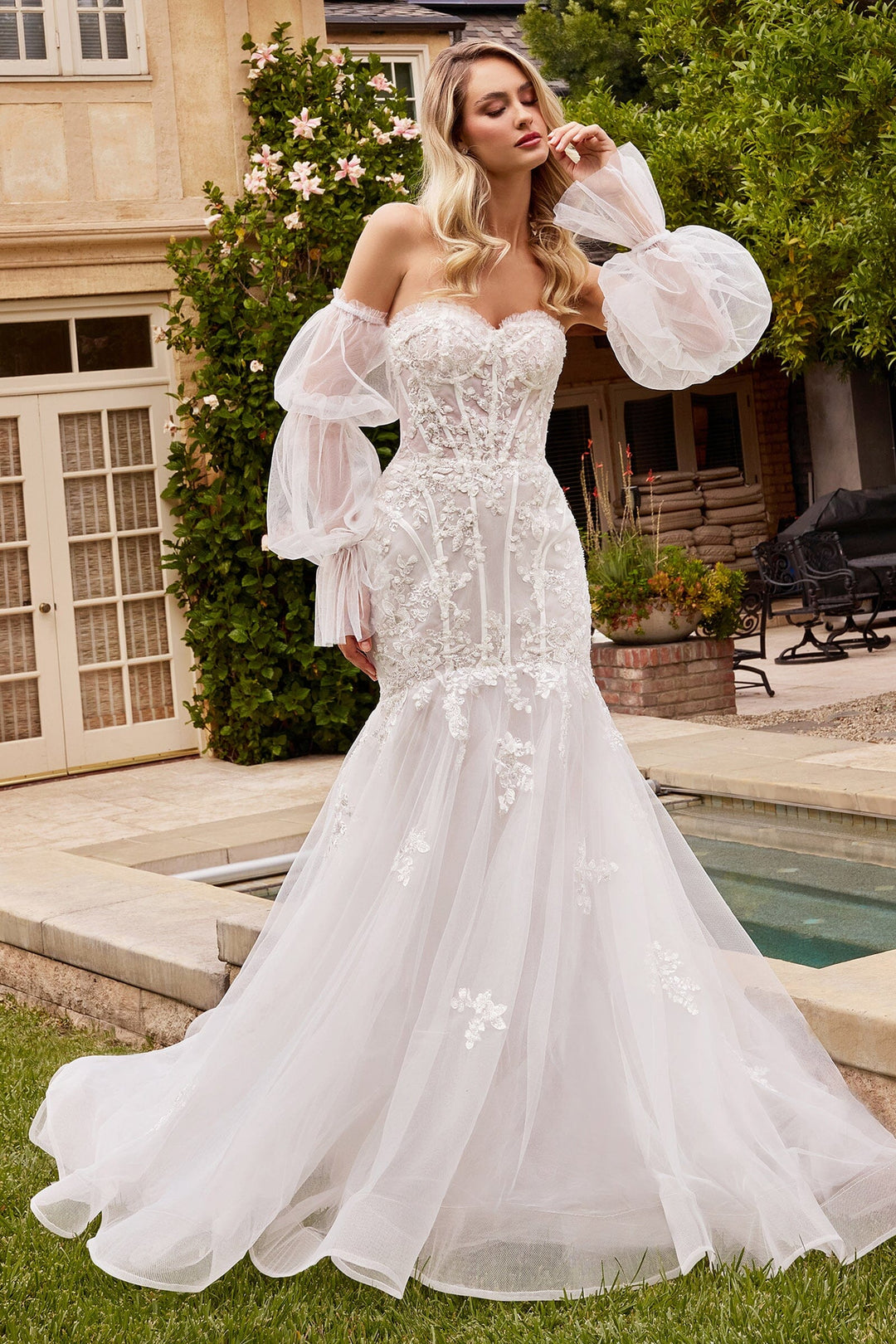 Strapless Puff Sleeve Wedding Gown by Ladivine CD858W ABC Fashion Strapless Puff Sleeve Wedding Gown by Ladivine CD858W ABC Fashion