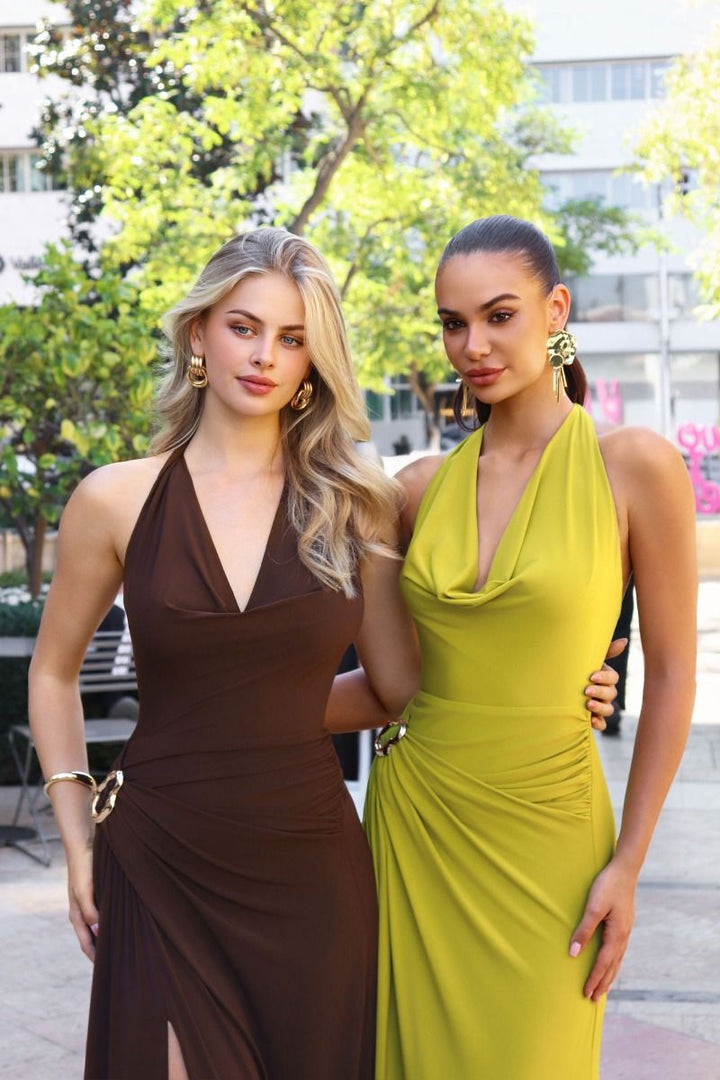 Fitted Long Cowl Slit Dress by Amoris T218