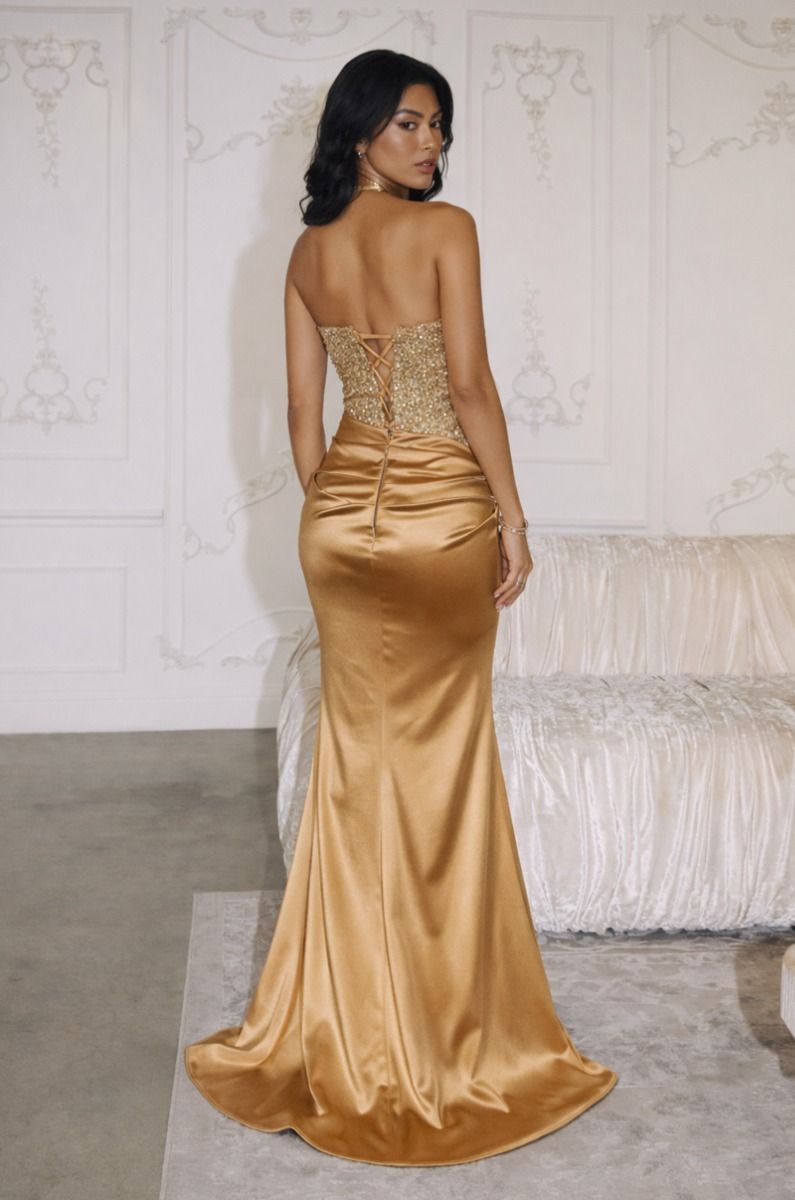 gold strapless long dress Beaded Satin Strapless Slit Gown by Amoris T609 – ABC Fashion