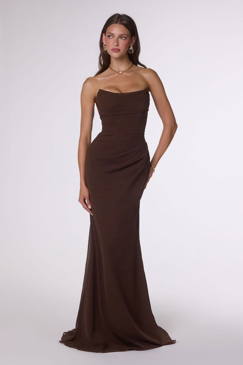 long brown strapless dress Soleil