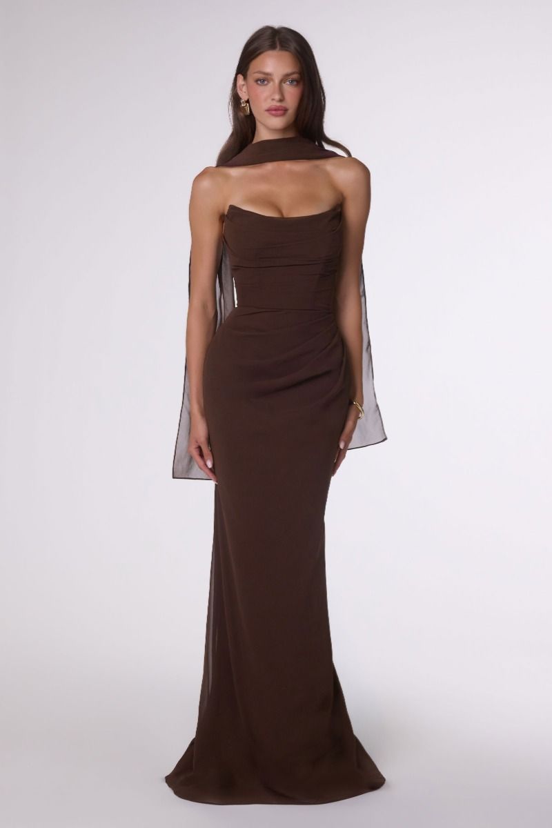 Chiffon Fitted Long Strapless Dress by Amoris T702 L / Espresso