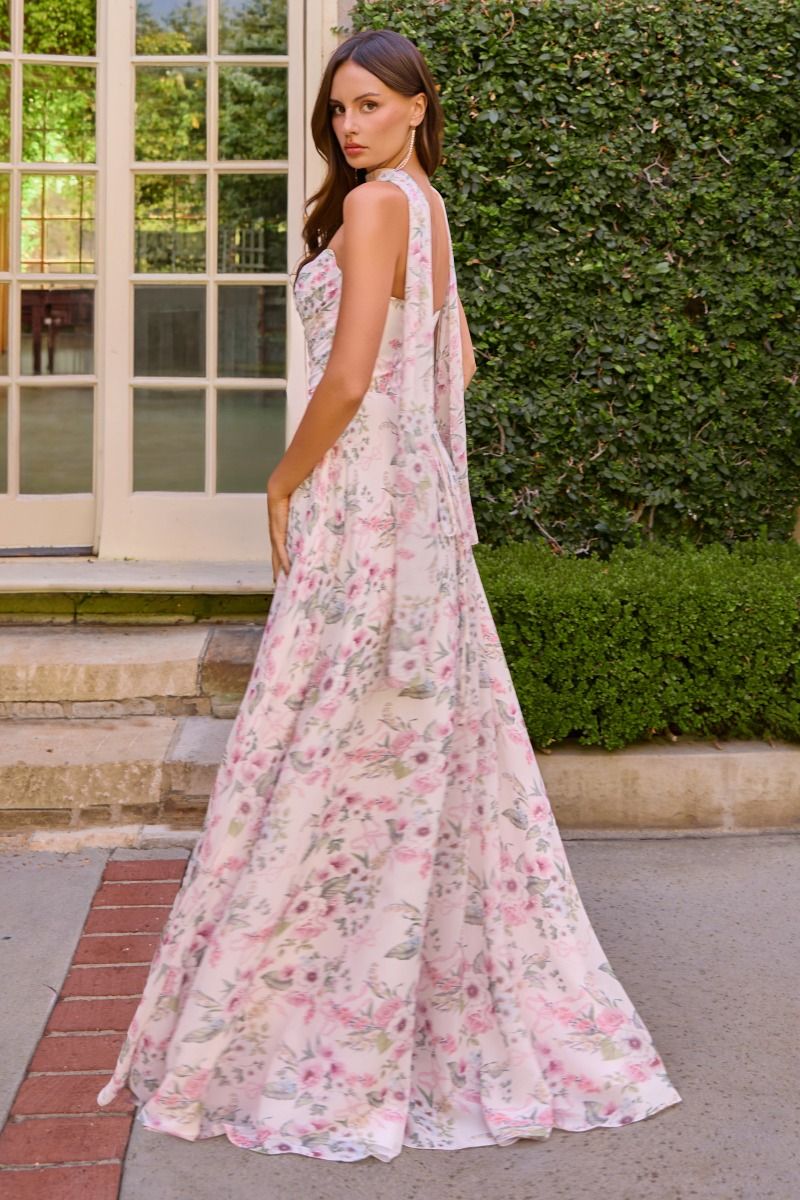 Floral Print Strapless A-line Gown by Amoris T717