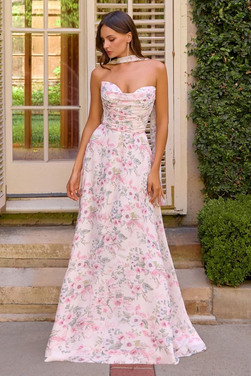 Floral Print Strapless A-line Gown by Amoris T717