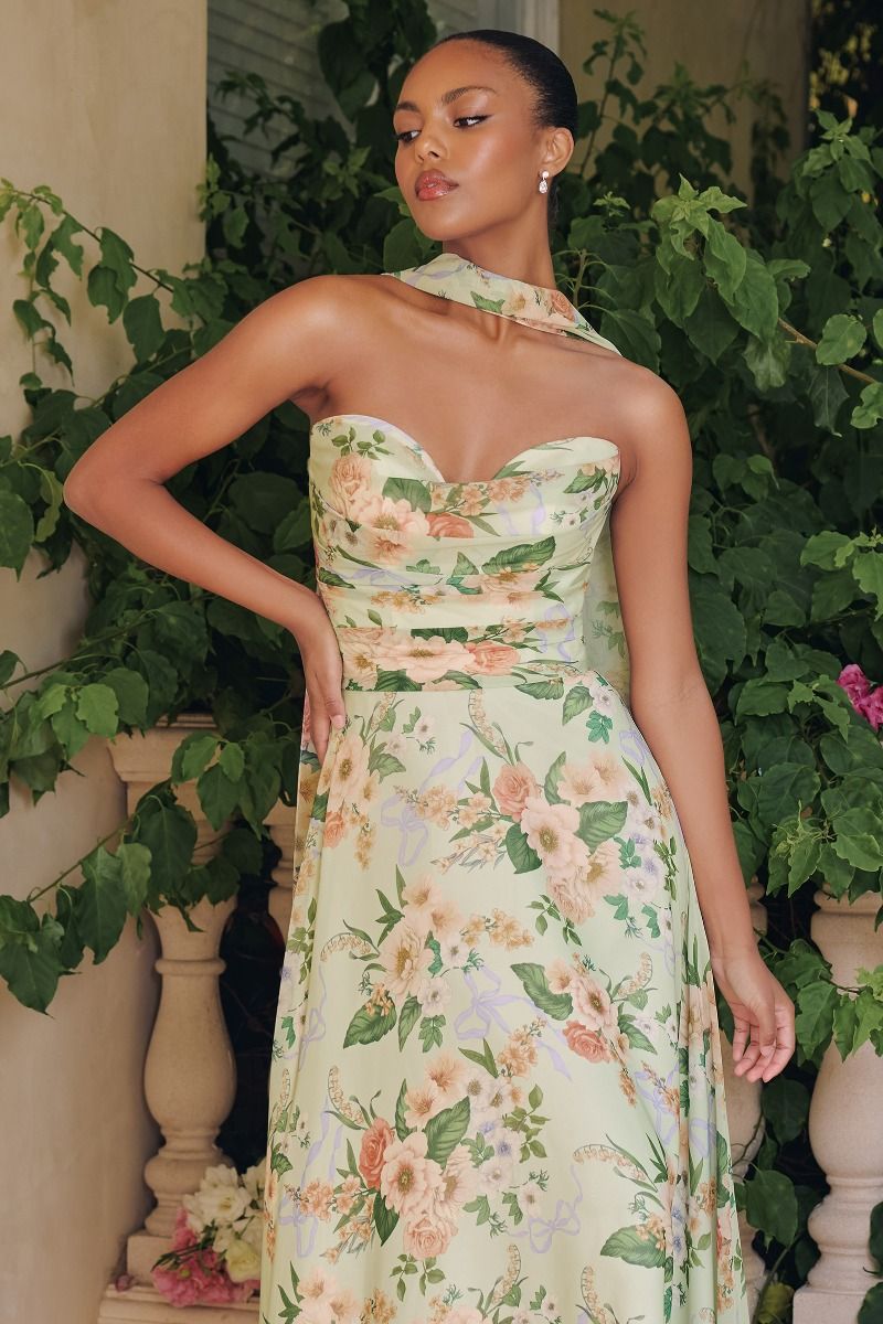 Floral Print Strapless A-line Gown by Amoris T717
