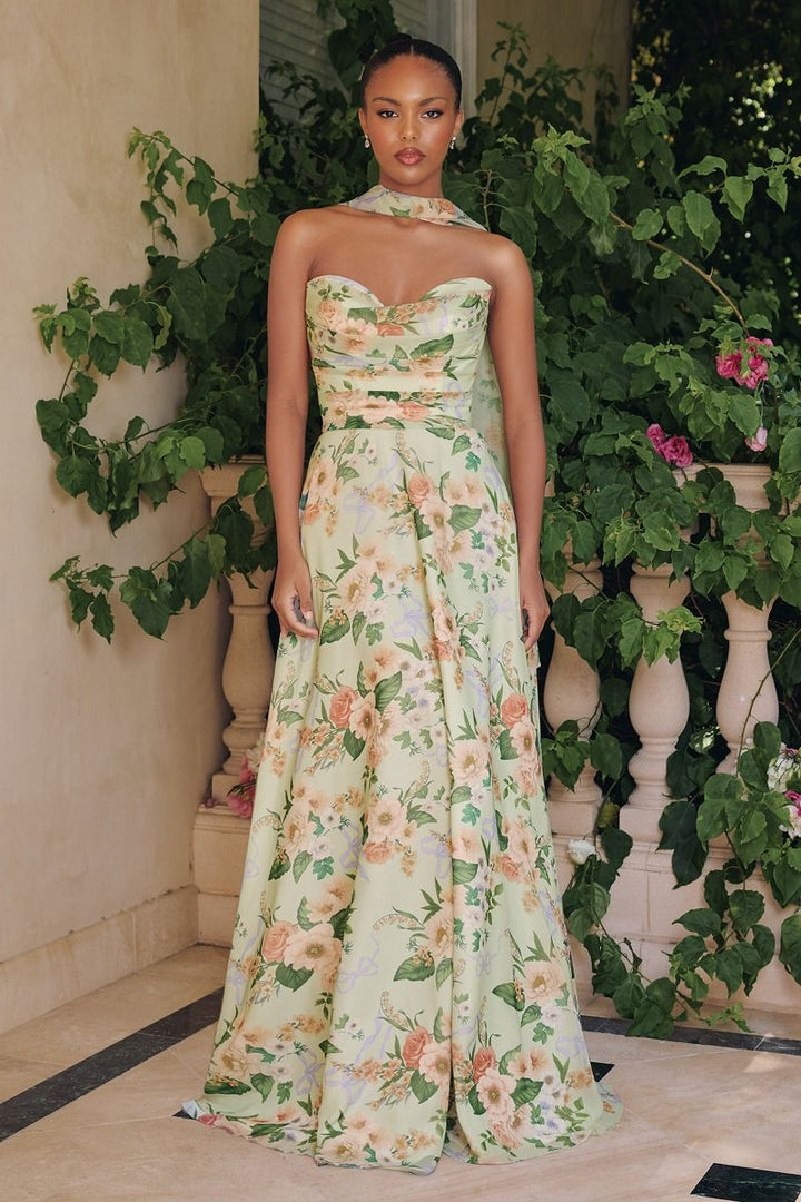 Floral Print Strapless A-line Gown by Amoris T717