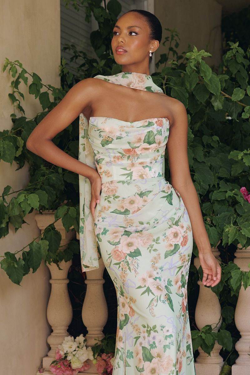 Floral Print Fitted Strapless Gown by Amoris T718