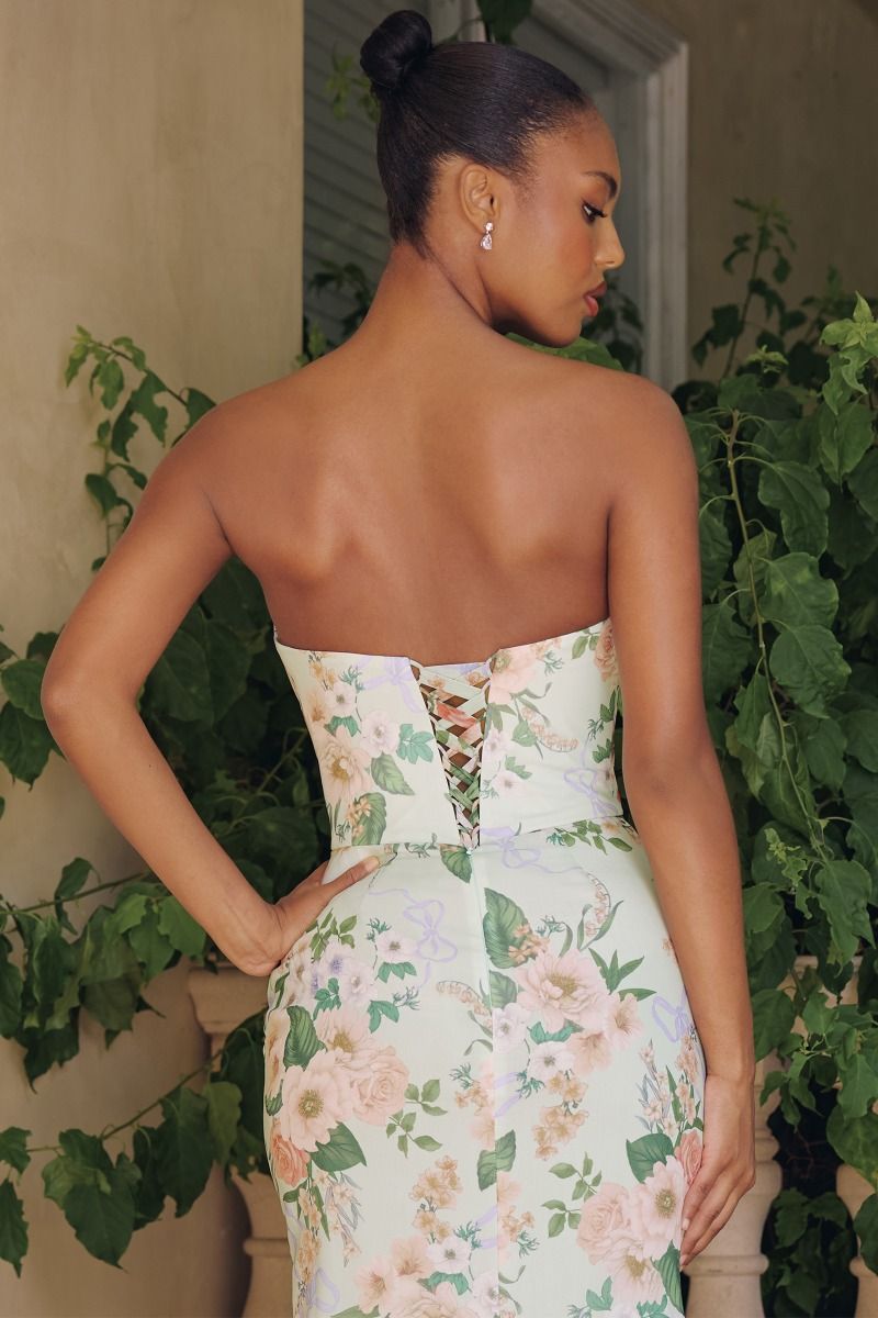 Floral Print Fitted Strapless Gown by Amoris T718