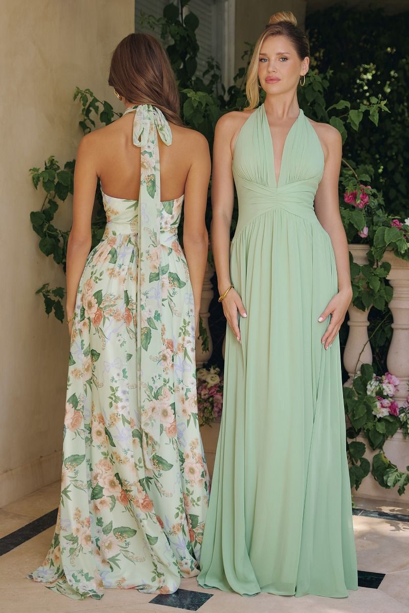 Floral Print Halter A-line Gown by Amoris T719