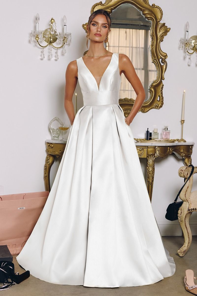White Mikado Sleeveless A-line Gown by Amoris T814W