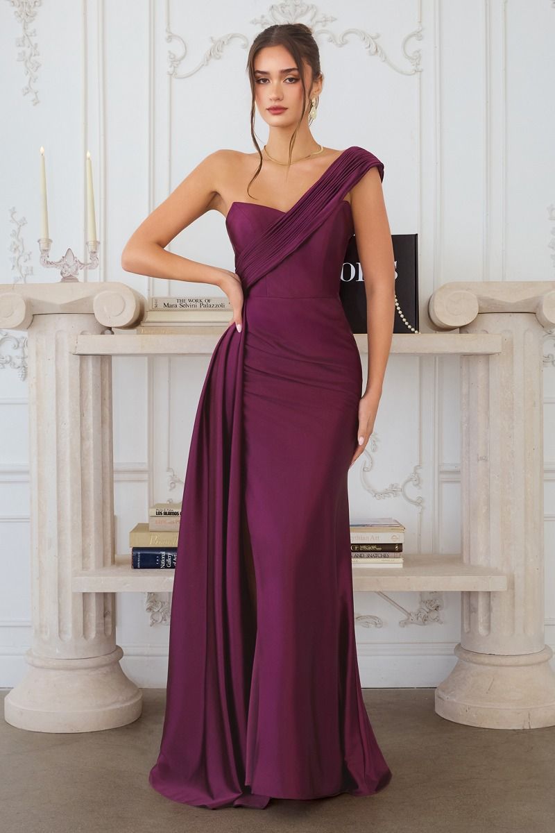 Satin Fitted One Shoulder Slit Gown by Amoris T817 3XL / Eggplant