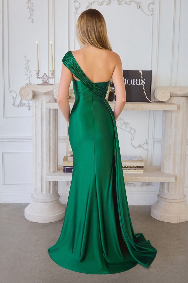 Satin Fitted One Shoulder Slit Gown by Amoris T817